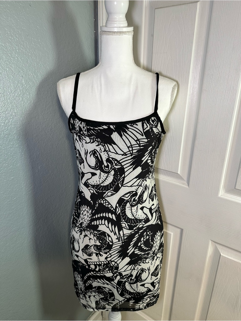 Ed Hardy Black & White Tattoo-Print Mini Dress